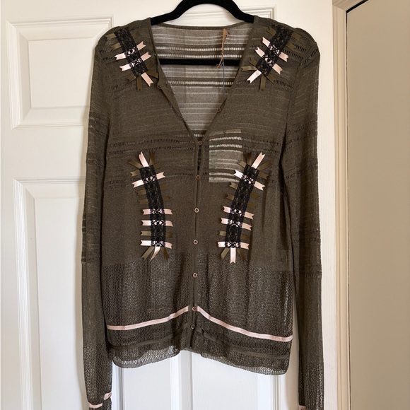 John Galliano Khaki Cardigan with Ribbon Accents